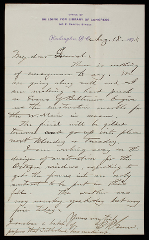 [Bernard. R.] Green to Thomas Lincoln Casey, August 18, 1893