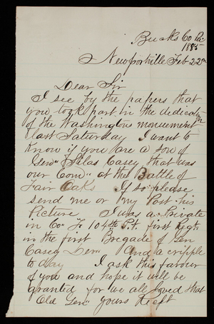 W. C. M. Euen to Thomas Lincoln Casey, February 22, 1885