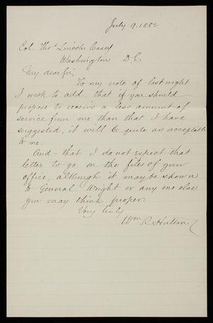 [William] R. Hutton to Thomas Lincoln Casey, July 9, 1882