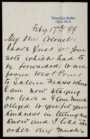 A. H. Payson to Thomas Lincoln Casey, February 17, 1877