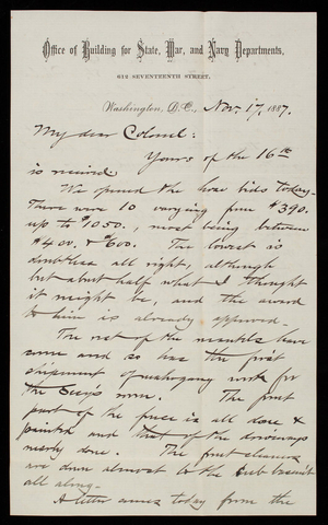 Bernard R. Green to Thomas Lincoln Casey, November 17, 1887