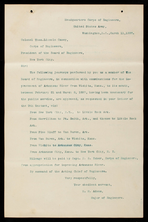 Correspondence to Thomas Lincoln Casey regarding Improvement of Arkansas River, March 11, 1887 to April 25, 1889