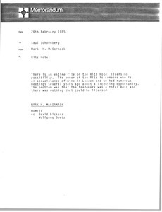 Memorandum from Mark H. McCormack to Saul Schoenberg