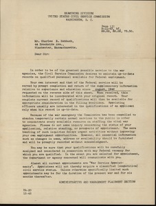 Letter from United States Civil Service Commission Examining Division to Charles Eshbach