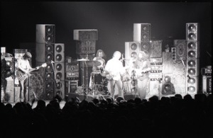 Grateful Dead concert at Springfield Civic Center: band in performance in front of a wall of speakers