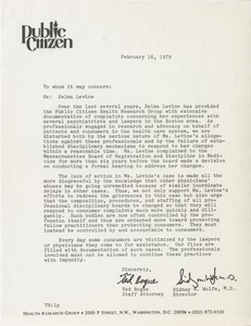 Letter from Ted Bogue and Sidney M. Wolfe to whom it may concern