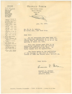 Letter from People's Forum of Detroit, Michigan to W. E. B. Du Bois