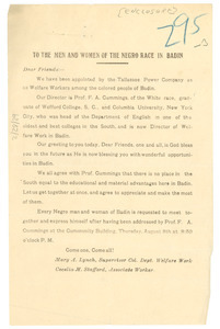 Circular letter addressed to the men and women of the Negro race in Badin
