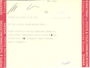 Telegram from George Pirinsky to Shirley Graham Du Bois