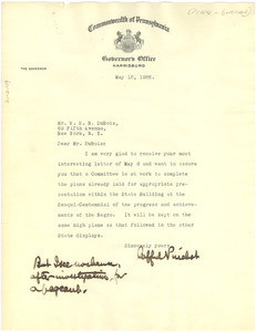 Letter from Pennsylvania Office of the Governor to W. E. B. Du Bois