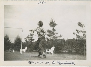 Bernice Kahn playing badminton at a resort
