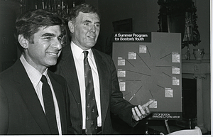 Mayor Raymond L. Flynn with Governor Michael S. Dukakis beside "A Summer Program for Boston's Youth" sign