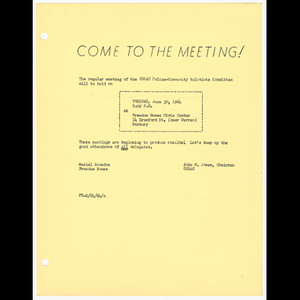 Memorandum from Muriel Snowden and John F. Jones Chairman CURAC about CURAC Police-Community Relations Committee meeting on June 30, 1964