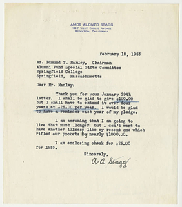 Letter and envelope from Amos Alonzo Stagg to Edmund T. Manley (February 18, 1953)