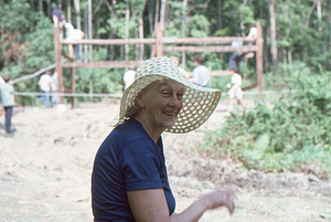 Mabel Cummings of Petersburgh Road at Moon Barn Raising at entrance to Hopkins Forest on 2 August 1975.