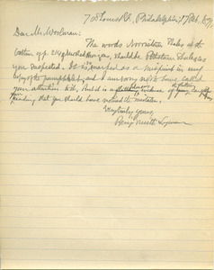 Letter from Benjamin Smith Lyman to Lewis Woolman