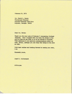 Letter from Mark H. McCormack to David L. Davis