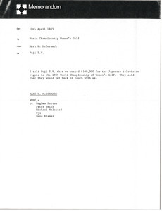 Memorandum from Mark H. McCormack to World Championship of Women's Golf file