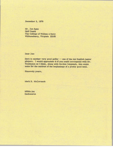 Letter from Mark H. McCormack to Joe Agee