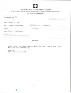 Fax from Mark H. McCormack to Tadashi Tokushima