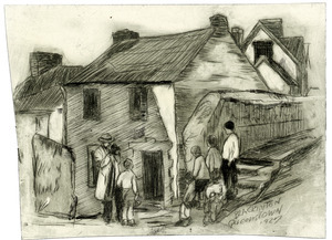Sketch of Alton H. Blackington taking a photograph of people in a street