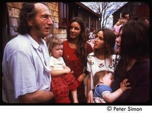 Unidentified man with Catherine Blinder (far right) and Lacey Mason (2d from r.), Tree Frog Farm commune