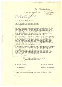 Letter from Union of Employees in Art and Culture Services to National Committee to Defend Dr. W. E. B. Du Bois and Associates in the Peace Information Center