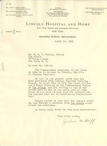 Letter from Lincoln Hospital and Home to W. E. B. Du Bois