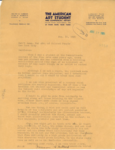 Letter from Freeman H. Hubbard to National Association for the Advancement of Colored People