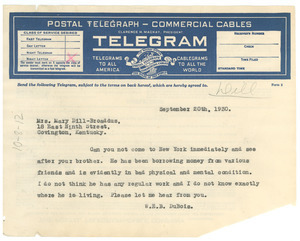 Telegram from W. E. B. Du Bois to Mary Dill-Broaddus