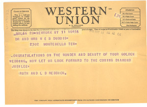 Telegram from Ruth and L. D. Reddick to W. E. B. and Nina Du Bois