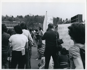 Board of Trustees fee increase demonstration: protestors listening to a speaker in front of the Whitmore Administration Building