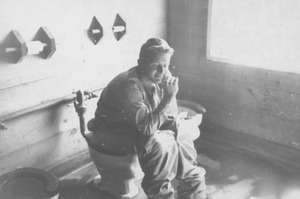 Cadet in latrine room, Lowry ROTC summer camp