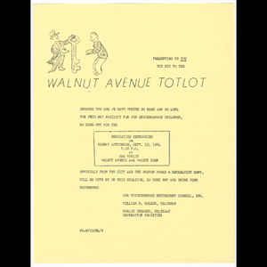 Flier advertising dedication for Walnut Avenue tot lot