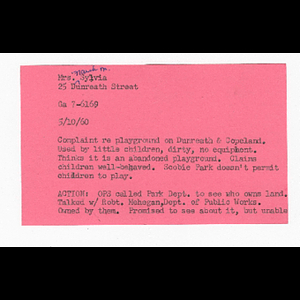 Notecard concerning Mrs. Mark M. Sylvia's complaint about Dunreath and Copeland playground