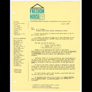 Memorandum from O.P. Snowden and Freedom House Urban Renewal Information Center about rehabilitation clinic on June 12, 1967
