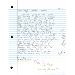 Letter from a student at Canyon Hills Junior High School sent to the City of Boston after the 2013 Boston Marathon bombings (California)