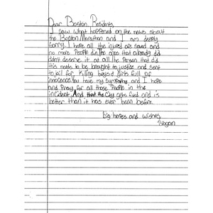 Letter to Boston from a student at Dunn Elementary School (Arlington, Texas)