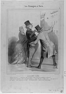 Un OBLIGEANT CICERONE - Pardon monsieur.... connaissez vous le chemin le plus direct pour arriver à la Bourse? - Comment donc, monsieur, avec le plus grand plaisir..... approchez-vous s'il vous plaît.... nous prenons du côté gauche... nous suivons tout du long... et la bourse est là... juste au bout de mon doigt!.....