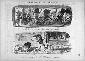 La difficulté d'arriver à une place, même en ommibus. --- LE CONDUCTEUR. - Je vous avais pourtant dit de faire bien attention...... imbécile!