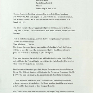 Minutes from Festival Puertorriqueño de Massachusetts, Inc. meeting on March 16, 1993