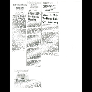 Photocopies of newspaper articles about the reinforcement of walls and inspection of Marksdale Gardens, growth in construction of elderly housing, and talk on urban renewal by Jackson W. Campbell of St. Mark Development Corp.