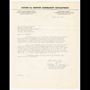 Letter from Gertrude Tanneyhill to Otto Snowden about monthly activity and financial reports between Action for Boston Community Development (ABCD) to Freedom House, Inc.