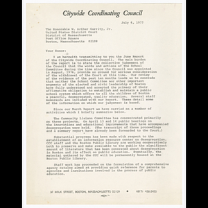 Letter from Robert C. Wood to Honorable W. Arthur Garrity, Jr. about June report of the Citywide Coordinating Committee, report attached