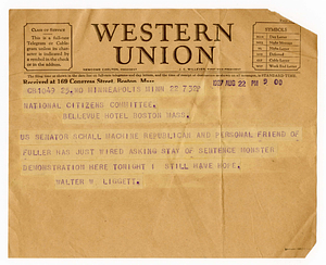 Telegram from Walter W. Liggett to National Citizens Committee for Sacco and Vanzetti concerning Senator Schall, August 22, 1927