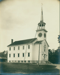 Painting the steeple of the Congregational Church, Shrewsbury, Mass., undated