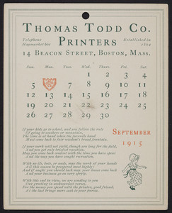 Trade card for Thomas Todd Co., printers, 14 Beacon Street, Boston, Mass., September 1915