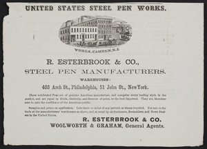 Advertisement for R. Esterbrook & Co., steel pen manufacturers, 403 Arch Street, Philadelphia, Pennsylvania and 51 John Street, New York, New York, 1866