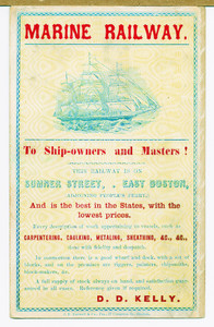 Trade card for the D.D. Kelly Marine Railway, Sumner Street, East Boston, Mass., undated