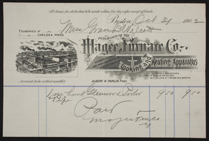 Billhead for Magee Furnace Co., cooking and heating apparatus, 32, 34, 36 & 38 Union and 19, 21, 23, 25 & 27 Friend Sts., Boston, Mass., dated October 31, 1902